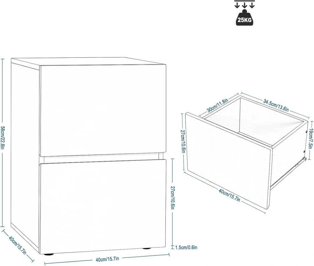 Sada 2 nočních stolků se 2 zásuvkami ve vysokém lesku, 40 x 58 x 40 cm, bílá