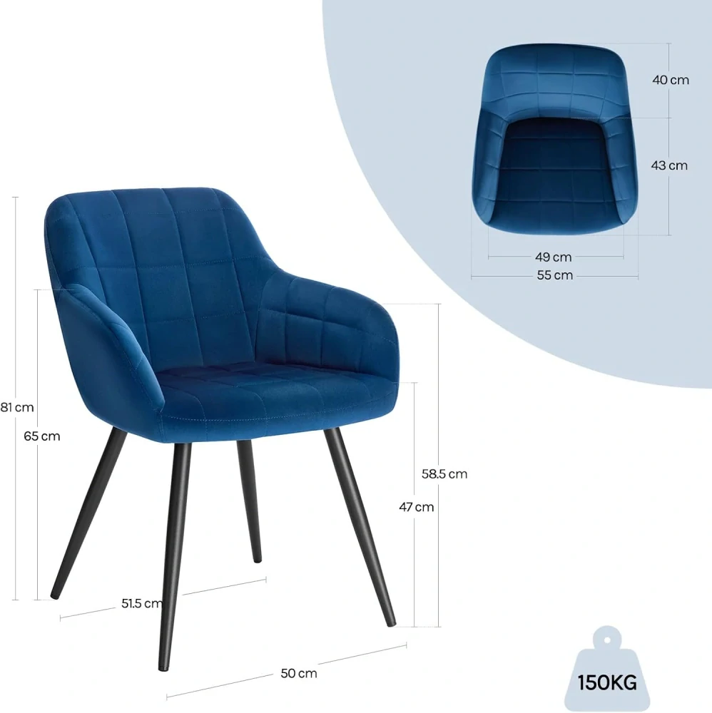 WOLTU BH93bl-1 - 1 x Kuchyňská židle s sametovým polstrováním - Kovová noha - Modrá
