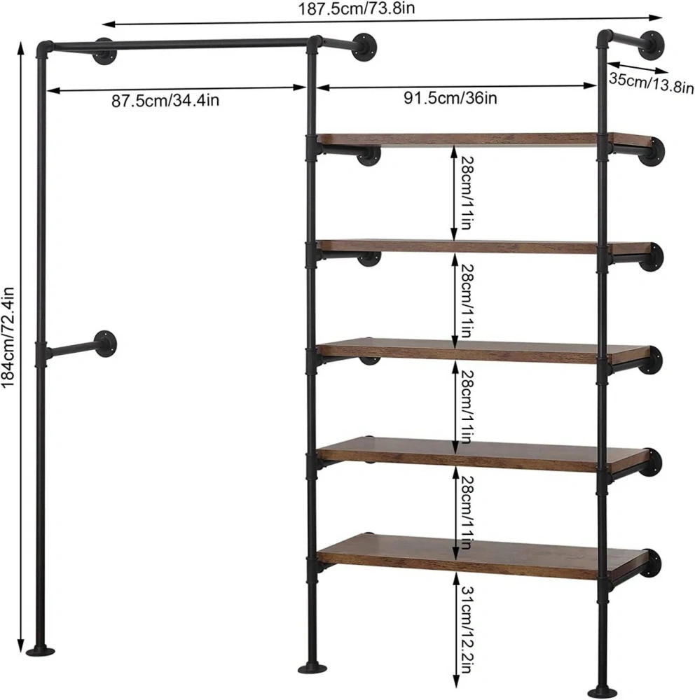 Věšák na oblečení WOLTU v průmyslovém stylu, otevřená skříň, kovové trubky, montáž na stěnu