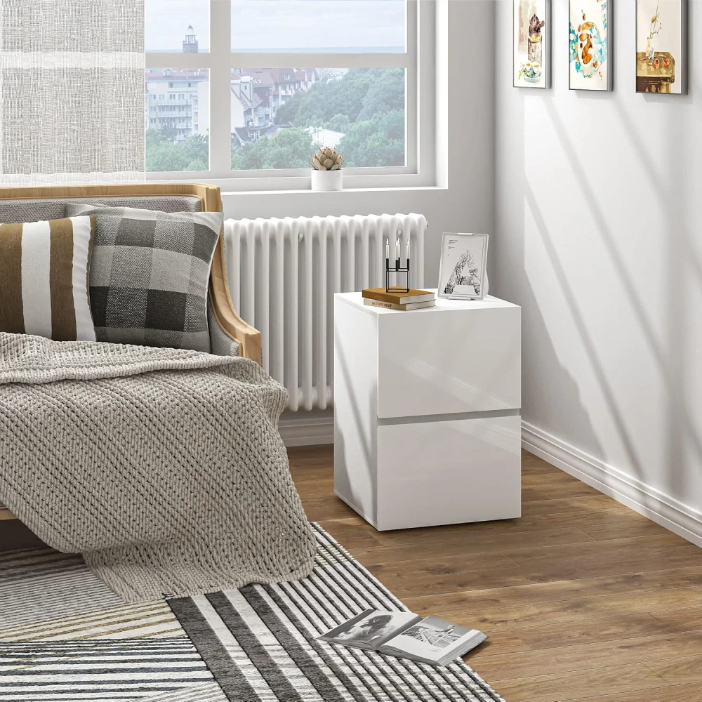 Sada 2 nočních stolků se 2 zásuvkami ve vysokém lesku, 40 x 58 x 40 cm, bílá