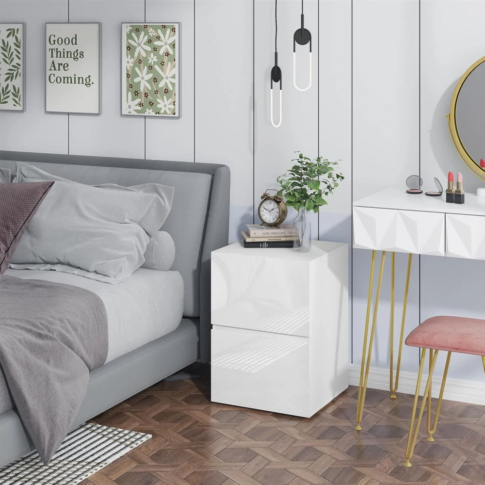 Sada 2 nočních stolků se 2 zásuvkami ve vysokém lesku, 40 x 58 x 40 cm, bílá