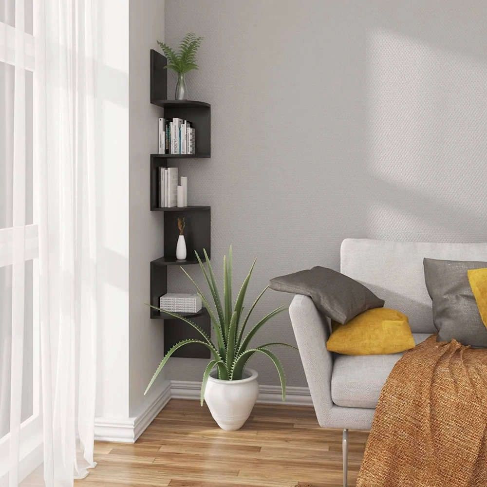 WOLTU nástěnná police, klikatá rohová police, stojan na CD DVD, 5patrová nástěnná knihovna černá