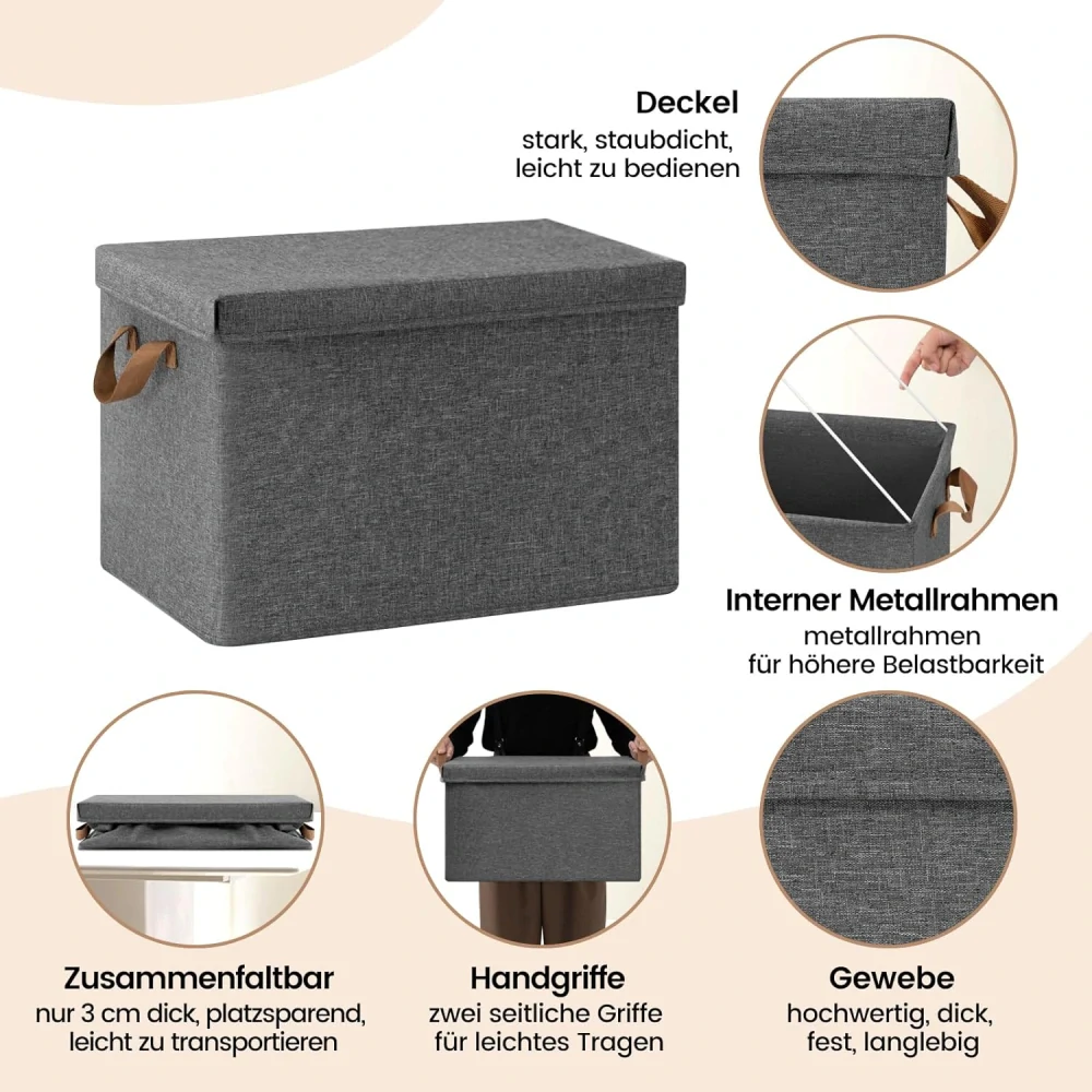 WOLTU ABB04gbn-3 Úložný box s víkem, skládací úložný koš, látkový box, šedý, úložný vak na oblečení