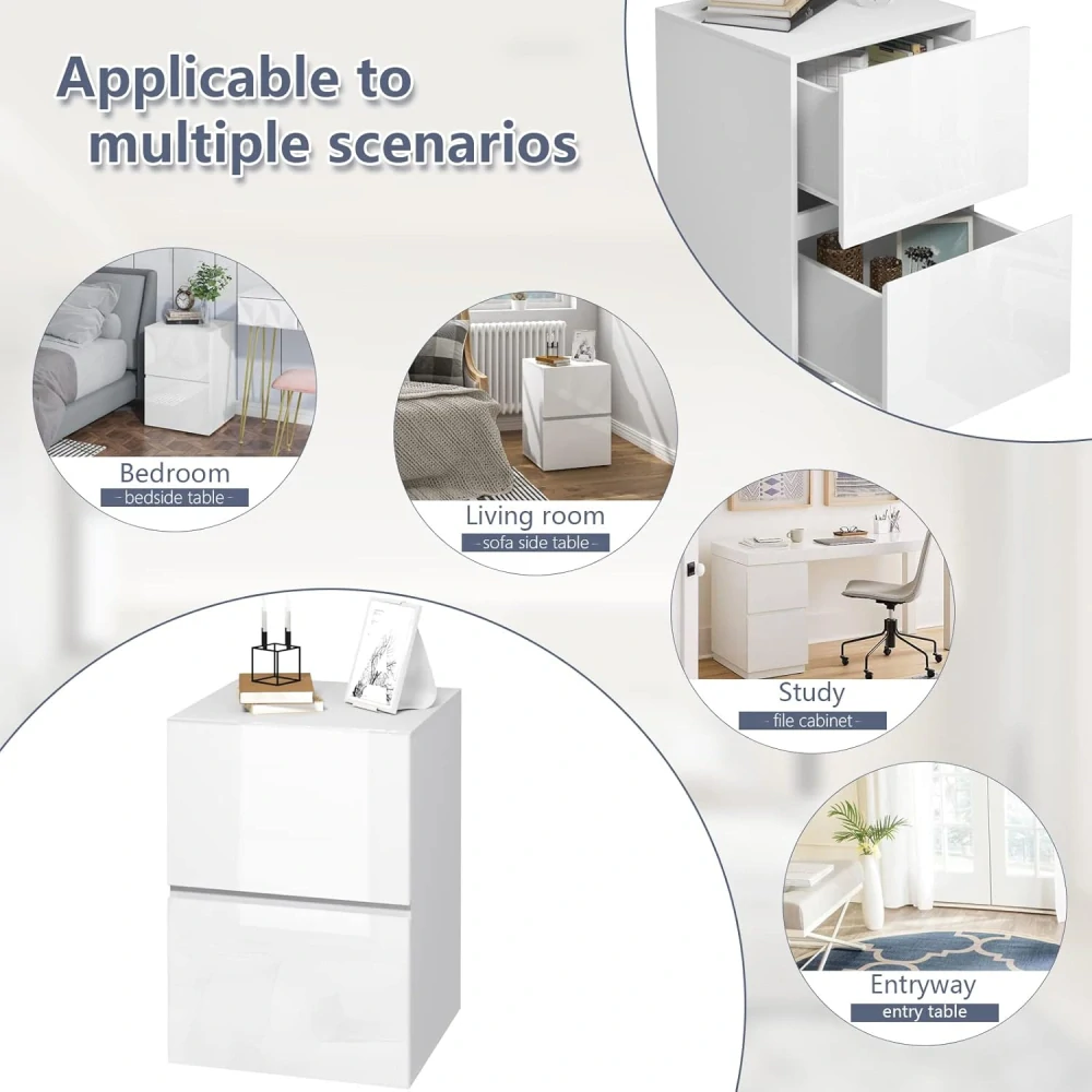 Sada 2 nočních stolků se 2 zásuvkami ve vysokém lesku, 40 x 58 x 40 cm, bílá