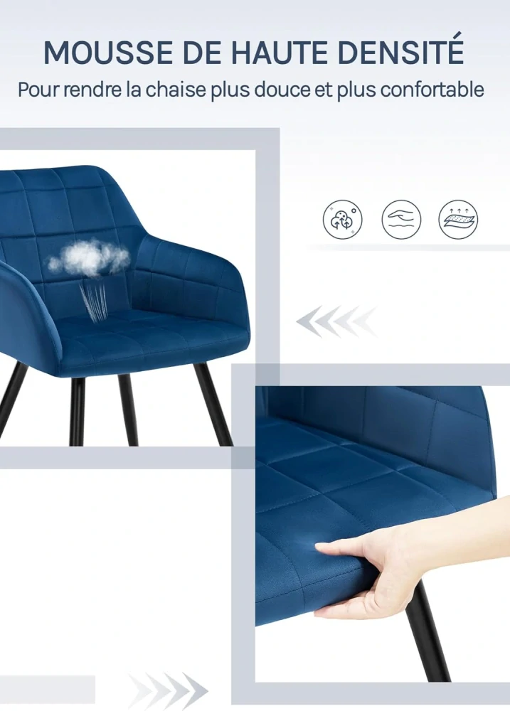 WOLTU BH93bl-1 - 1 x Kuchyňská židle s sametovým polstrováním - Kovová noha - Modrá