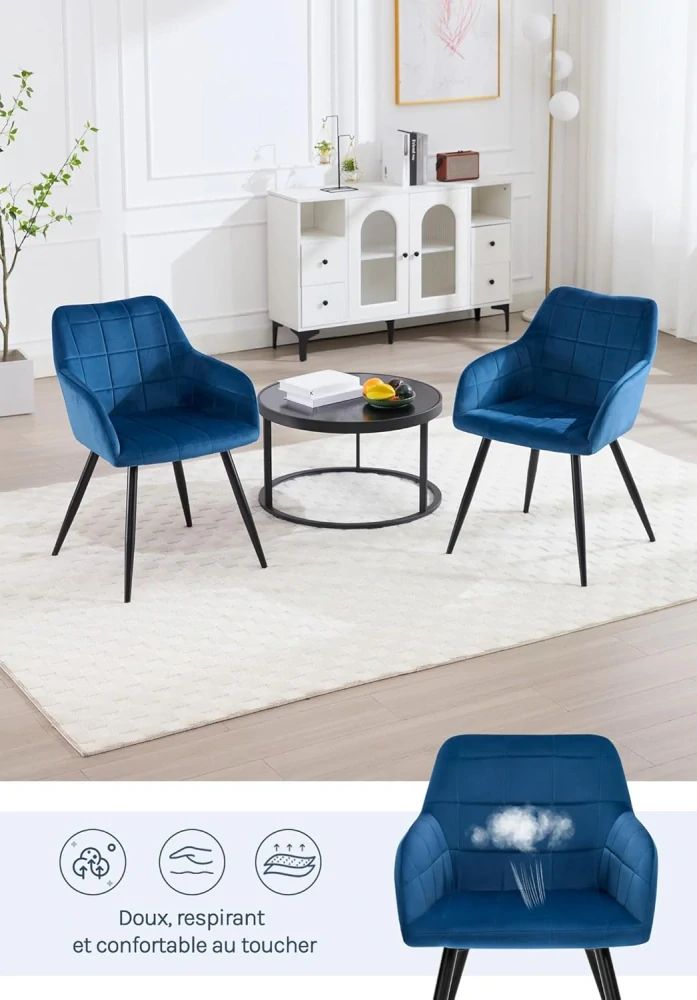 WOLTU BH93bl-1 - 1 x Kuchyňská židle s sametovým polstrováním - Kovová noha - Modrá