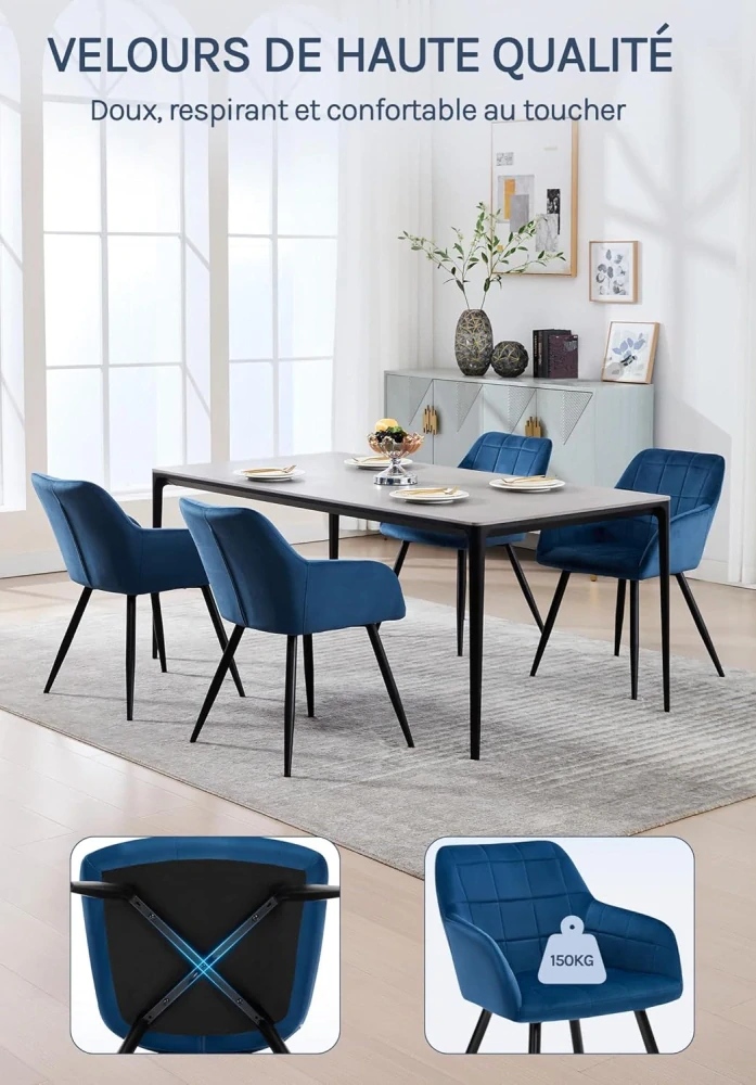 WOLTU BH93bl-1 - 1 x Kuchyňská židle s sametovým polstrováním - Kovová noha - Modrá